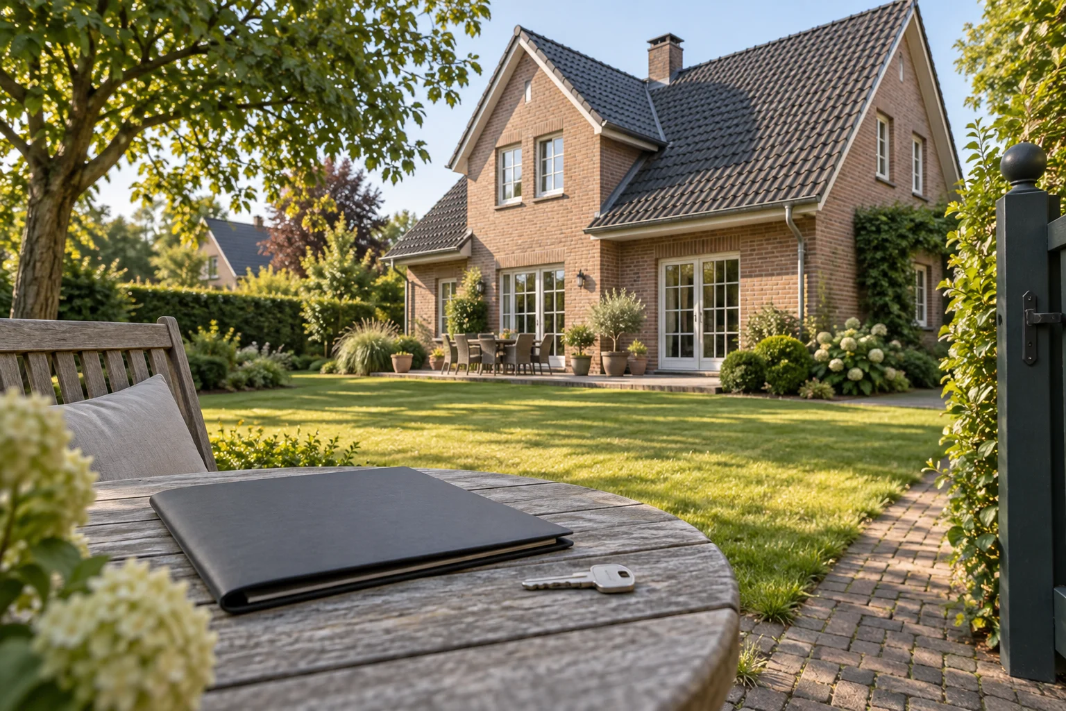 Wohnhaus mit eingewachsenem Garten; auf einem Tisch liegen eine geschlossene Unterlagenmappe und ein Hausschlüssel.